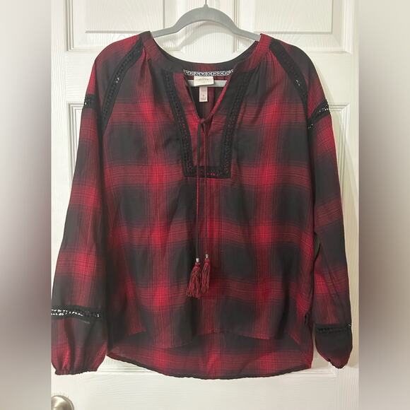 Knox Rose BOHO style red/black plaid blouse size small - Picture 1 of 10